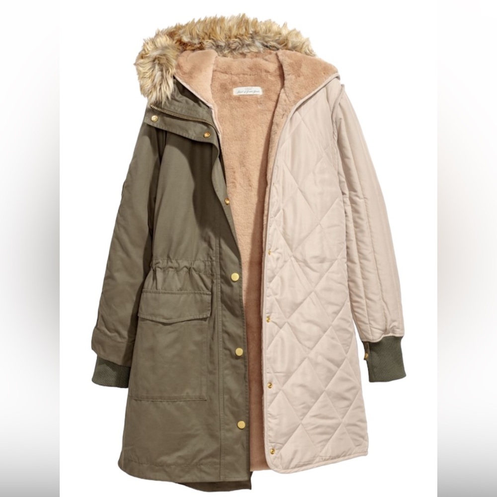 H&M army green fox fur hooded parka